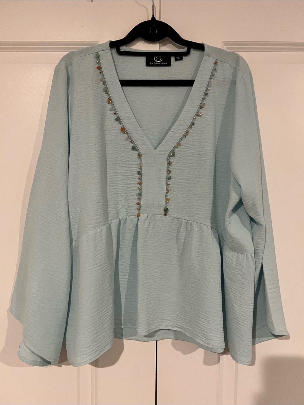 G by Giuliana Light Blue V-Neck Peplum Blouse with Beaded Trim